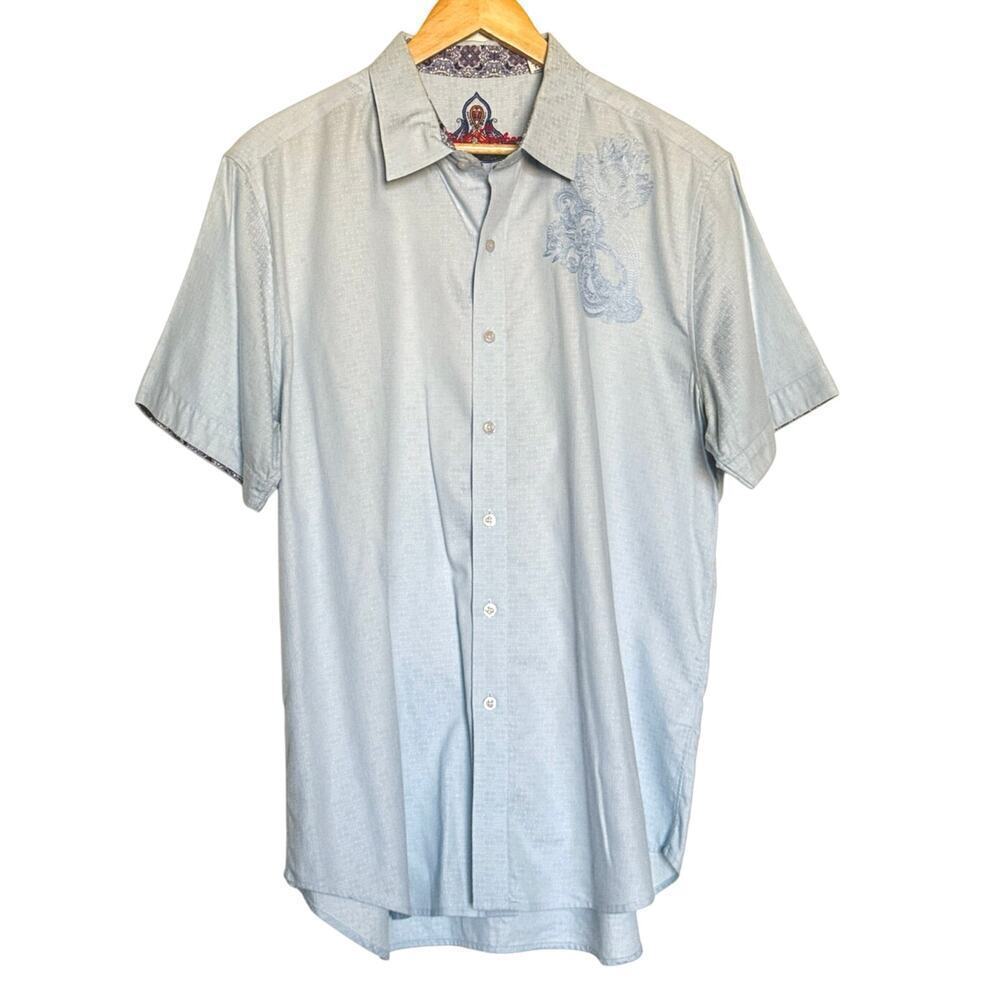 Robert Graham Men’s XL Short Sleeve Button Light Blue Paisley Embroidery Casual